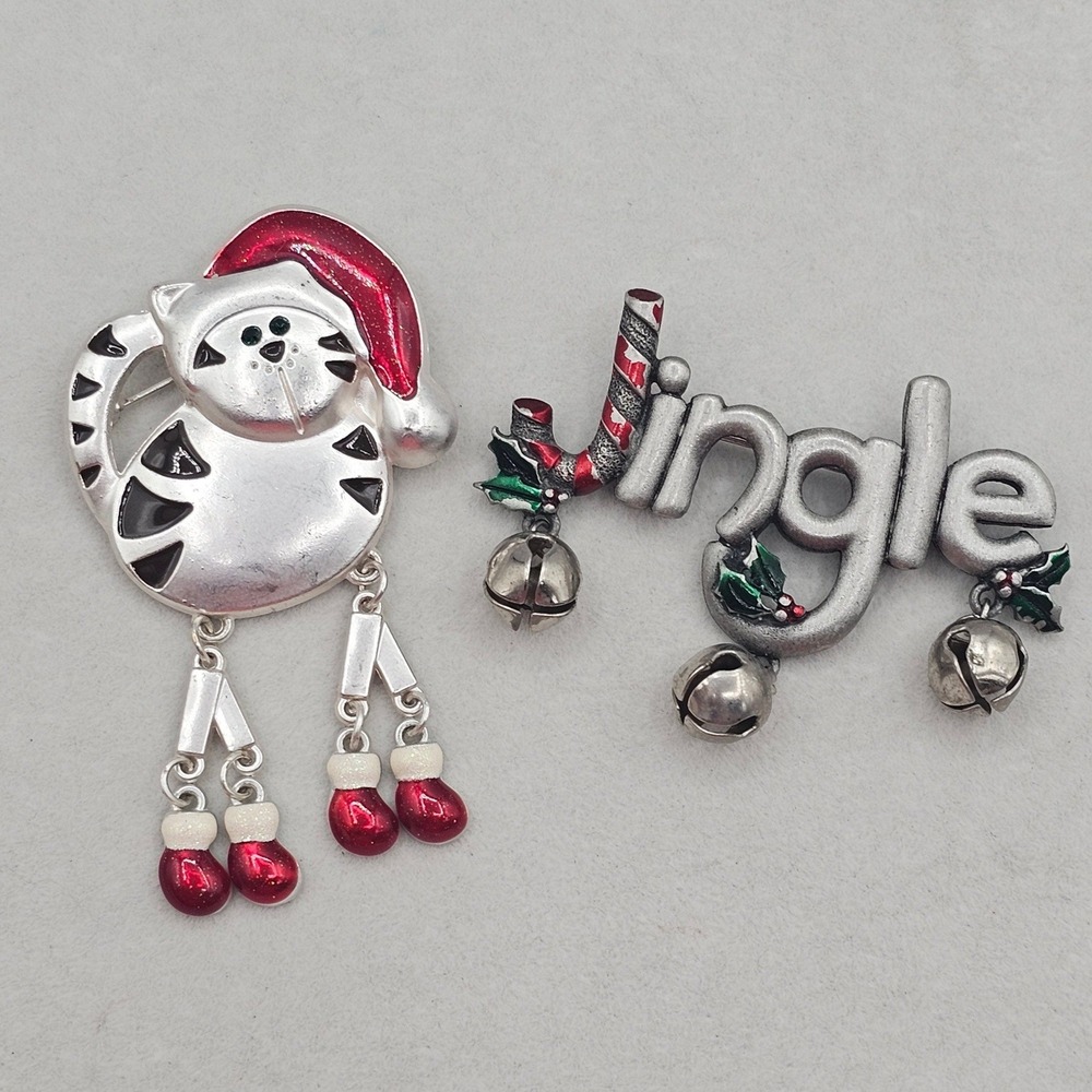 Vintage Christmas Brooches Cat Mitten JJ Jingle Bell Candy Cane Holiday Pins